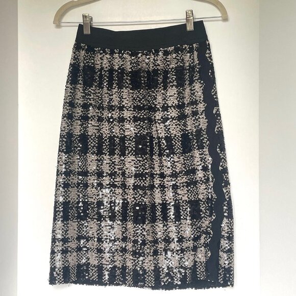 Anna Sui Sequin Pencil Skirt XS Black Plaid Anthropologie - Picture 2 of 16